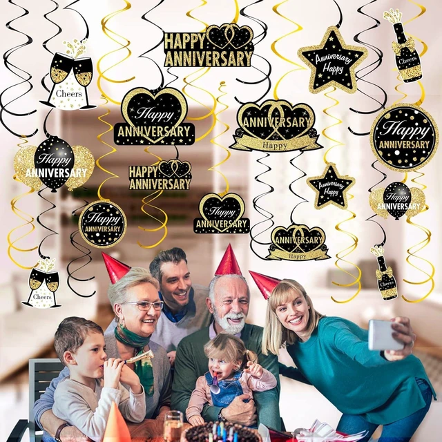 Alt view image 11 of 12 - 16Pcs Black Gold Happy Wedding Anniversary Hanging Swirls Decorations, Stars Theme Party Supplies, 30th-60th Anniversary Ceiling Decor