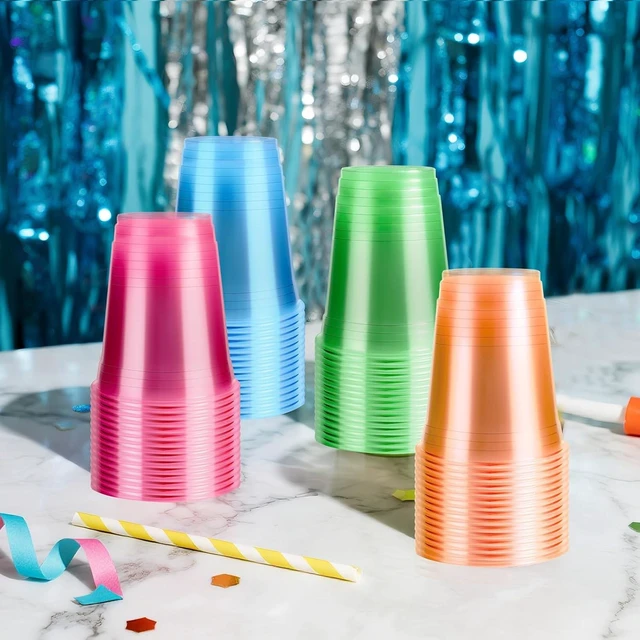 Alt view image 14 of 14 - WYTAOHZL 100 Pack 12 Oz Neon Plastic Cups Glowing Plastic Neon Cups for Party Disposable Cup for Wedding Birthday and Party