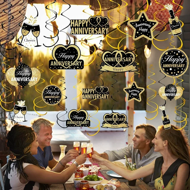 Alt view image 12 of 12 - 16Pcs Black Gold Happy Wedding Anniversary Hanging Swirls Decorations, Stars Theme Party Supplies, 30th-60th Anniversary Ceiling Decor
