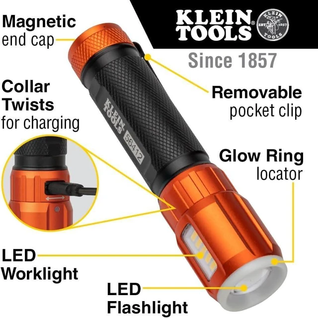 Alt view image 9 of 14 - Klein Tools 56412 Rechargeable LED Flashlight with Flood Light, 500 lumens, USB-C Rechargeable, Pocket Clip, Magnet, for Professional Work