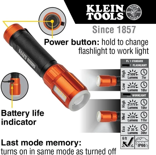 Alt view image 10 of 14 - Klein Tools 56412 Rechargeable LED Flashlight with Flood Light, 500 lumens, USB-C Rechargeable, Pocket Clip, Magnet, for Professional Work