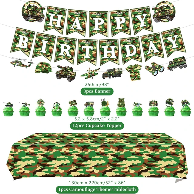 Alt view image 10 of 14 - Camo Birthday Party Decoration - Army Party Supplies, Plates Cups Napkins Camo Tablecloth Happy Birthday Banner Balloons Cake Toppers for Boy Camouflages Hunting Military Party Supplies(Banner)