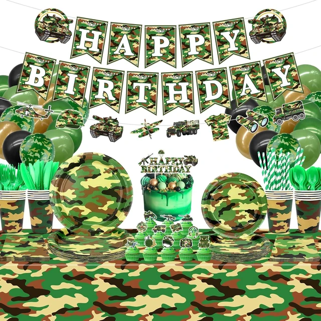 Alt view image 8 of 14 - Camo Birthday Party Decoration - Army Party Supplies, Plates Cups Napkins Camo Tablecloth Happy Birthday Banner Balloons Cake Toppers for Boy Camouflages Hunting Military Party Supplies(Banner)