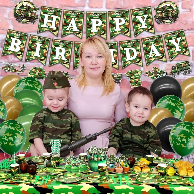 Alt view image 13 of 14 - Camo Birthday Party Decoration - Army Party Supplies, Plates Cups Napkins Camo Tablecloth Happy Birthday Banner Balloons Cake Toppers for Boy Camouflages Hunting Military Party Supplies(Banner)