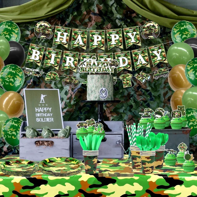 Alt view image 14 of 14 - Camo Birthday Party Decoration - Army Party Supplies, Plates Cups Napkins Camo Tablecloth Happy Birthday Banner Balloons Cake Toppers for Boy Camouflages Hunting Military Party Supplies(Banner)