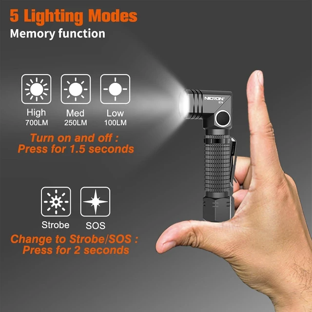 Alt view image 9 of 14 - NICRON Flashlight, 700 Lumens 90 Degree Pocket Flashlight Rechargeable IP65 Waterproof 5 Modes for Camping, Outdoor, Hiking, Car Repairing