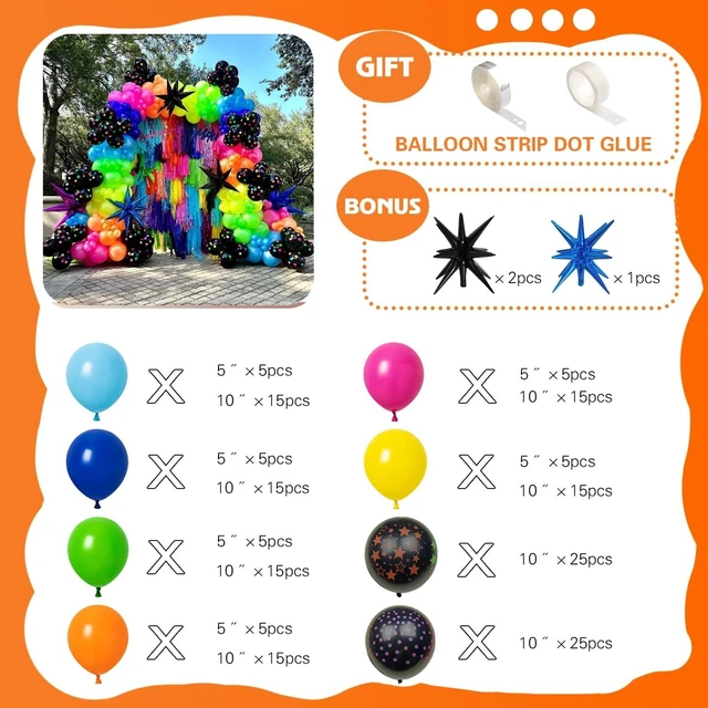 Alt view image 9 of 14 - 175Pcs Neon Balloons Arch Garland Kit, Glow in the Dark Balloons (Rainbow Star Dot) for Back to 80s 90s DISCO Birthday Party Decorations, Fiesta, Let's Glow Party, Rock Roll Party Supplies