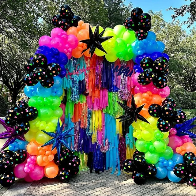 Alt view image 10 of 14 - 175Pcs Neon Balloons Arch Garland Kit, Glow in the Dark Balloons (Rainbow Star Dot) for Back to 80s 90s DISCO Birthday Party Decorations, Fiesta, Let's Glow Party, Rock Roll Party Supplies