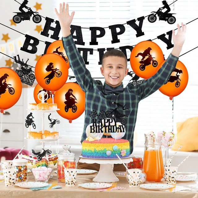 Alt view image 12 of 12 - Chalyna 84 Pieces Motorcycle Birthday Party Decorations Dirt Bike Birthday Party Supplies, Include, Motorcycle Banner Cupcake Topper Latex Balloons for Motocross Sports Themed Decor
