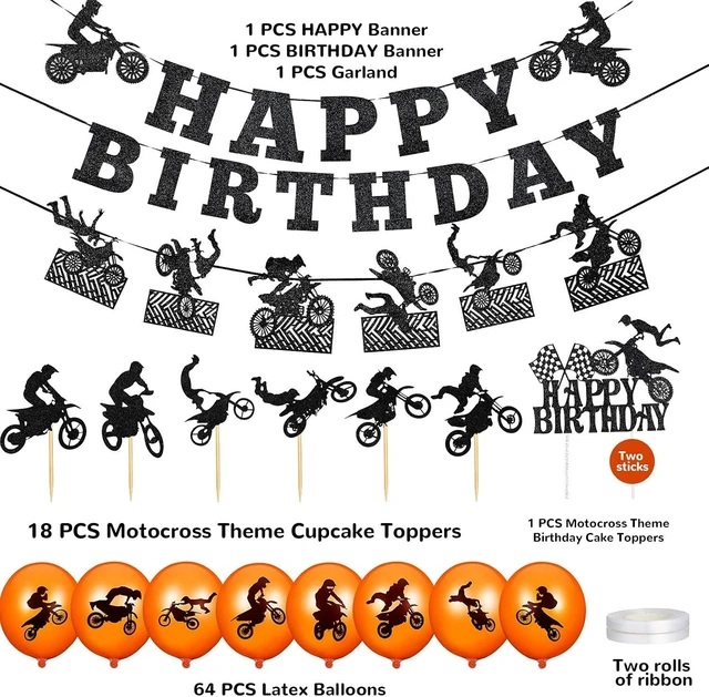 Alt view image 9 of 12 - Chalyna 84 Pieces Motorcycle Birthday Party Decorations Dirt Bike Birthday Party Supplies, Include, Motorcycle Banner Cupcake Topper Latex Balloons for Motocross Sports Themed Decor