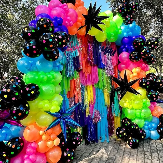 Alt view image 8 of 14 - 175Pcs Neon Balloons Arch Garland Kit, Glow in the Dark Balloons (Rainbow Star Dot) for Back to 80s 90s DISCO Birthday Party Decorations, Fiesta, Let's Glow Party, Rock Roll Party Supplies