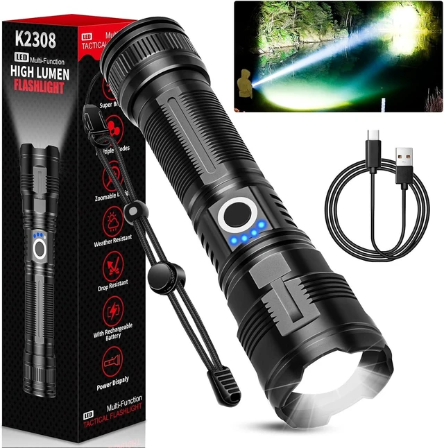 Alt view image 8 of 14 - Rechargeable Tactical Flashlights High Lumens,Super Bright LED Flashlight,Powerful Flash Light with 5 Modes,Waterproof,Power Handheld Flashlight for Emergency,Camping,Hurricane,Hiking
