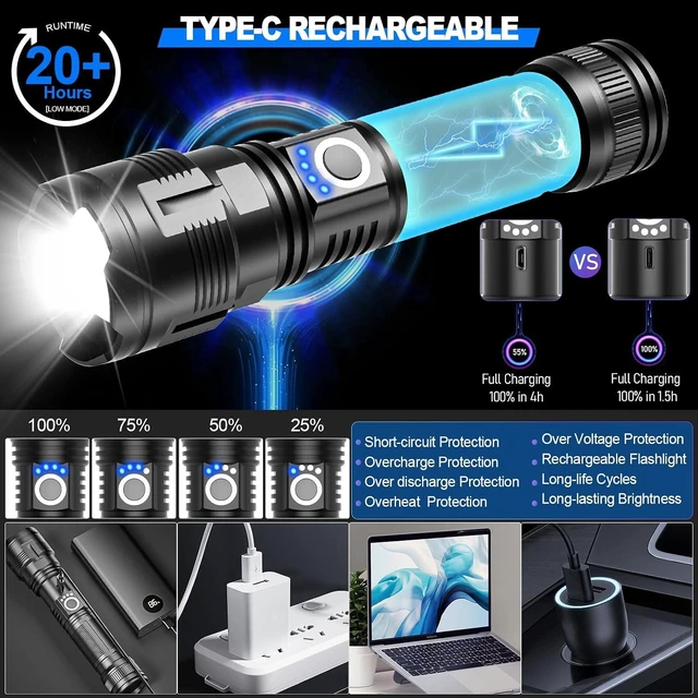 Alt view image 11 of 14 - Rechargeable Tactical Flashlights High Lumens,Super Bright LED Flashlight,Powerful Flash Light with 5 Modes,Waterproof,Power Handheld Flashlight for Emergency,Camping,Hurricane,Hiking