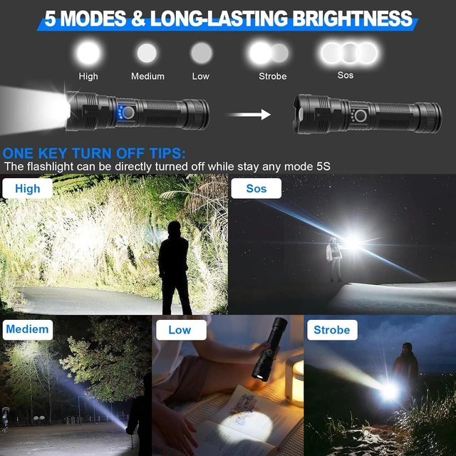 Alt view image 12 of 14 - Rechargeable Tactical Flashlights High Lumens,Super Bright LED Flashlight,Powerful Flash Light with 5 Modes,Waterproof,Power Handheld Flashlight for Emergency,Camping,Hurricane,Hiking