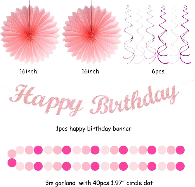 Alt view image 10 of 14 - Light Hot Pink Birthday Party-Decorations - 21pcs Girl Happy Banner,Paper Lanterns Honeycomb,Tissue Pom Poms Flower Fan,Hanging Streamers Garland,18th 21st 30th Women Birthday Decor Supplies Huglony