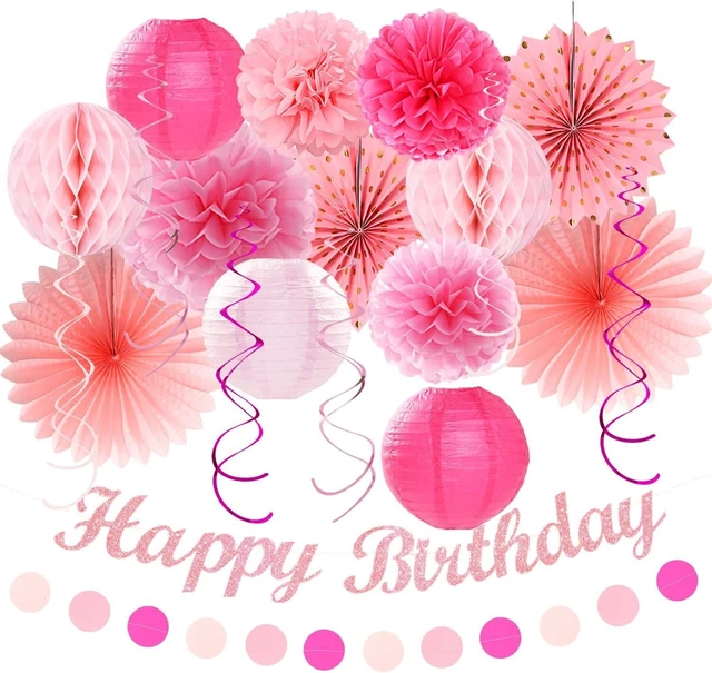 Alt view image 8 of 14 - Light Hot Pink Birthday Party-Decorations - 21pcs Girl Happy Banner,Paper Lanterns Honeycomb,Tissue Pom Poms Flower Fan,Hanging Streamers Garland,18th 21st 30th Women Birthday Decor Supplies Huglony