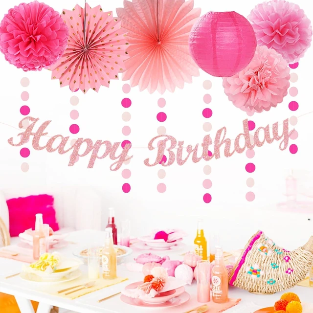 Alt view image 11 of 14 - Light Hot Pink Birthday Party-Decorations - 21pcs Girl Happy Banner,Paper Lanterns Honeycomb,Tissue Pom Poms Flower Fan,Hanging Streamers Garland,18th 21st 30th Women Birthday Decor Supplies Huglony