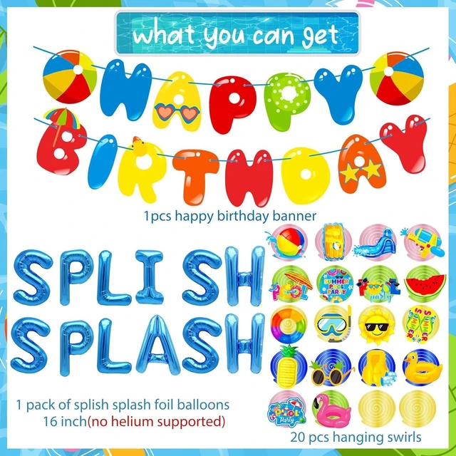 Alt view image 9 of 14 - Splish Splash Birthday Bash Party Supplies Splish Splash Balloons Beach Happy Birthday Banner Summer Pool Party Hanging Swirls for Boys Hawaiian Summer Pool Beach Party Decorations