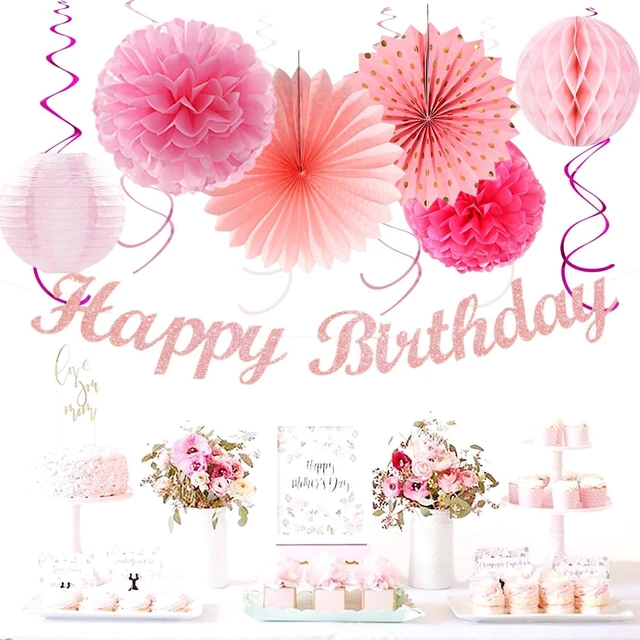 Alt view image 12 of 14 - Light Hot Pink Birthday Party-Decorations - 21pcs Girl Happy Banner,Paper Lanterns Honeycomb,Tissue Pom Poms Flower Fan,Hanging Streamers Garland,18th 21st 30th Women Birthday Decor Supplies Huglony