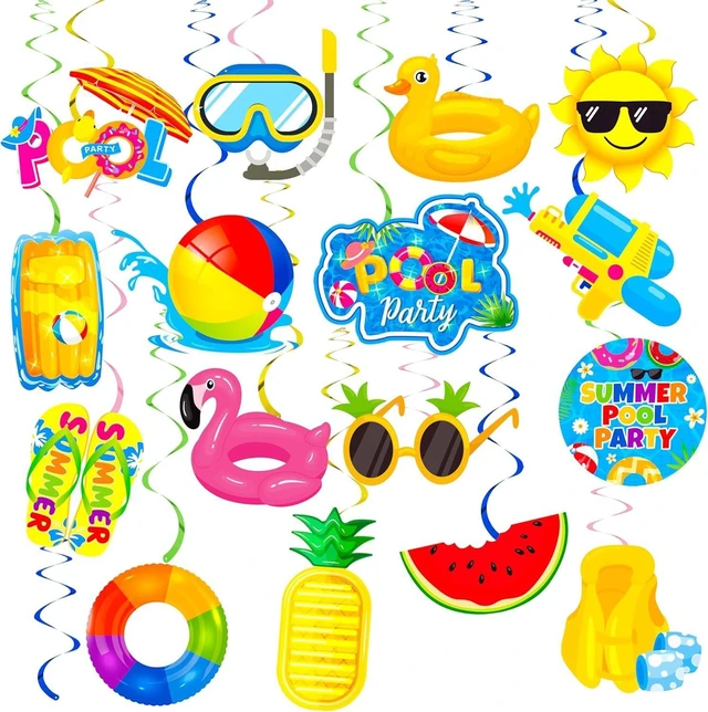 Alt view image 11 of 14 - Splish Splash Birthday Bash Party Supplies Splish Splash Balloons Beach Happy Birthday Banner Summer Pool Party Hanging Swirls for Boys Hawaiian Summer Pool Beach Party Decorations