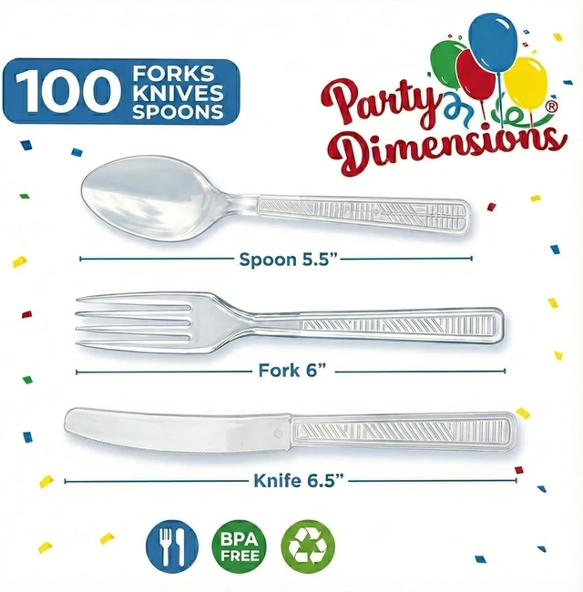 Alt view image 9 of 14 - Party Dimensions 300 Count Plastic Cutlery Combo Box, Disposable Clear Plastic Silverware Utensils Set, 100 Forks, 100 Spoons, 100 Knives