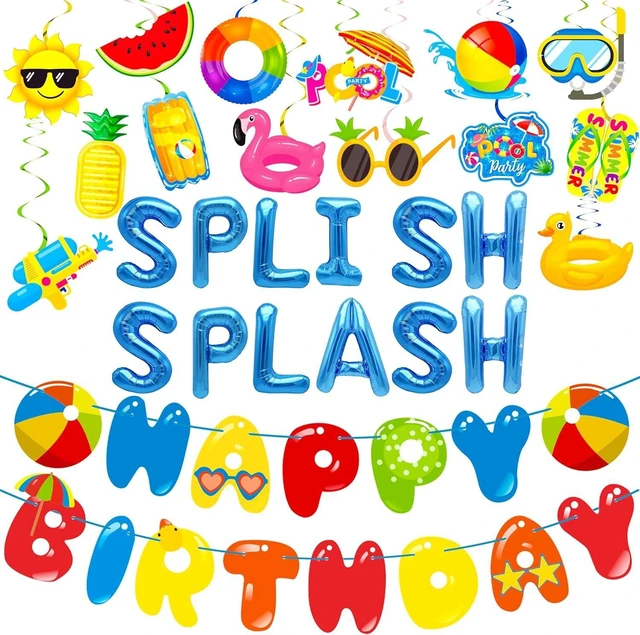 Alt view image 8 of 14 - Splish Splash Birthday Bash Party Supplies Splish Splash Balloons Beach Happy Birthday Banner Summer Pool Party Hanging Swirls for Boys Hawaiian Summer Pool Beach Party Decorations