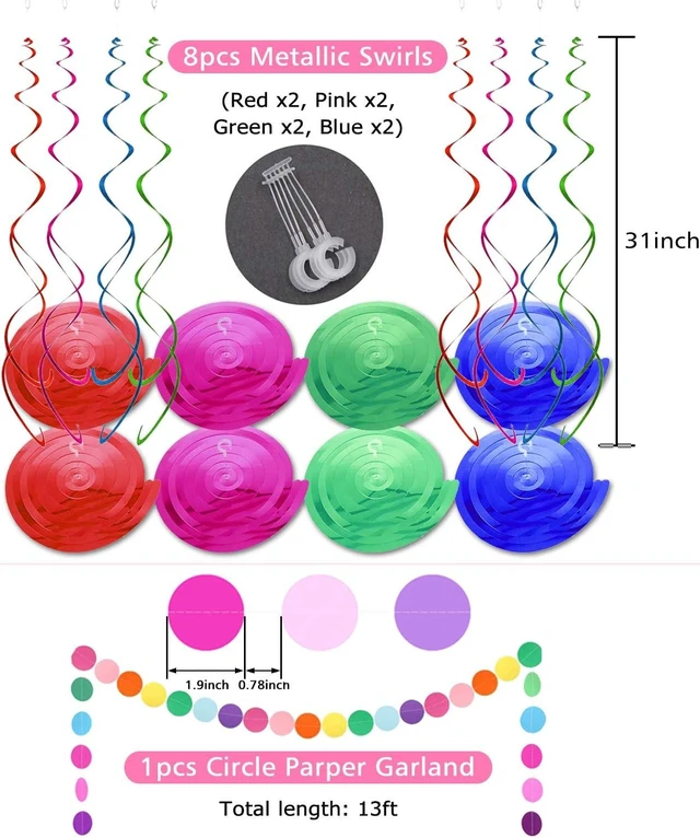 Alt view image 11 of 14 - Happy Birthday Banner, Rainbow Birthday Banner, 6 Honeycomb Balls, 8 Metallic Hanging Swirls and Circle Parper Garland, Happy Birthday Decorations