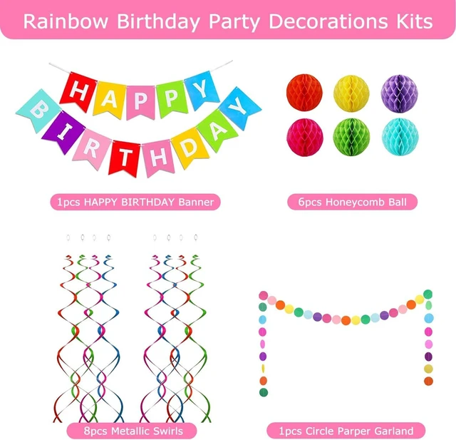 Alt view image 9 of 14 - Happy Birthday Banner, Rainbow Birthday Banner, 6 Honeycomb Balls, 8 Metallic Hanging Swirls and Circle Parper Garland, Happy Birthday Decorations