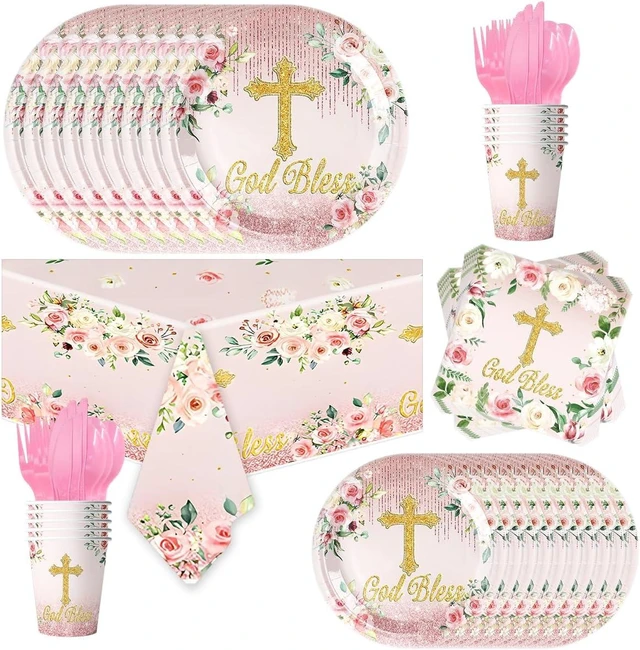 Alt view image 6 of 10 - 81Pcs Pink God Bless Party Tableware Set Pink First Communion Theme Decoration, Newborn Baptism Church Birthday Party Supplies