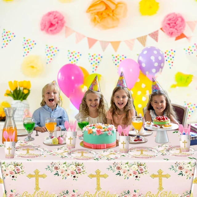 Alt view image 7 of 10 - 81Pcs Pink God Bless Party Tableware Set Pink First Communion Theme Decoration, Newborn Baptism Church Birthday Party Supplies