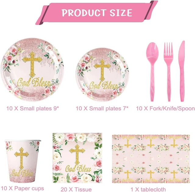 Alt view image 10 of 10 - 81Pcs Pink God Bless Party Tableware Set Pink First Communion Theme Decoration, Newborn Baptism Church Birthday Party Supplies