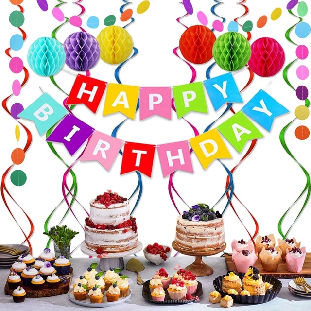 Alt view image 13 of 14 - Happy Birthday Banner, Rainbow Birthday Banner, 6 Honeycomb Balls, 8 Metallic Hanging Swirls and Circle Parper Garland, Happy Birthday Decorations