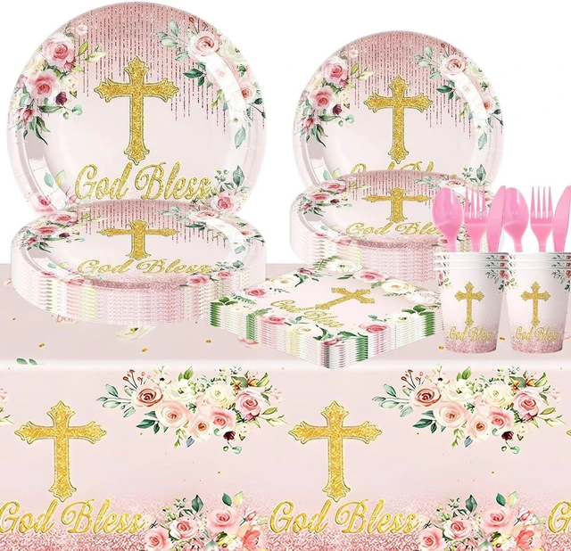 Alt view image 9 of 10 - 81Pcs Pink God Bless Party Tableware Set Pink First Communion Theme Decoration, Newborn Baptism Church Birthday Party Supplies