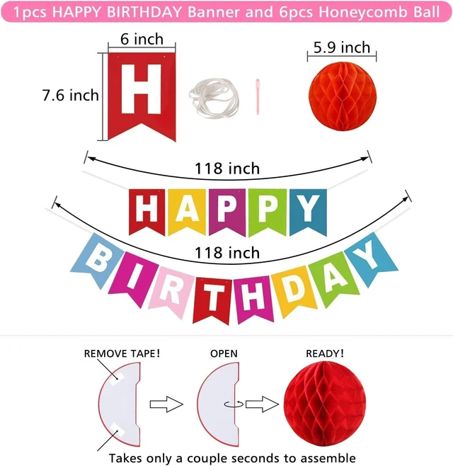 Alt view image 10 of 14 - Happy Birthday Banner, Rainbow Birthday Banner, 6 Honeycomb Balls, 8 Metallic Hanging Swirls and Circle Parper Garland, Happy Birthday Decorations