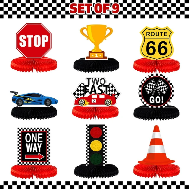 Alt view image 8 of 14 - LINGTEER Race Car Two Fast Birthday Table Honeycomb Centerpieces - 9Pcs Let's Go Racing Happy 2nd Birthday Party Table Decorations Sign.