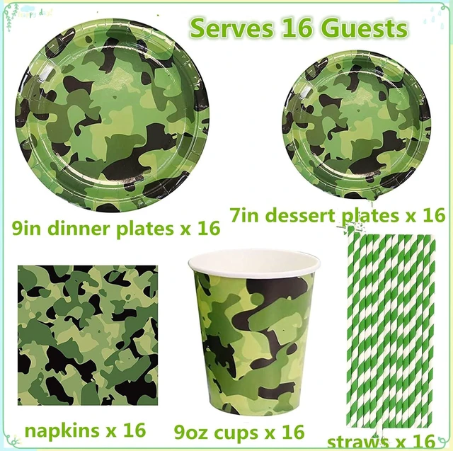 Alt view image 7 of 10 - Camouflage Party Supplies Tableware Set Including Camouflage Paper Plates Cups Napkins Straws Serves 16 for Birthday Baby Shower Party