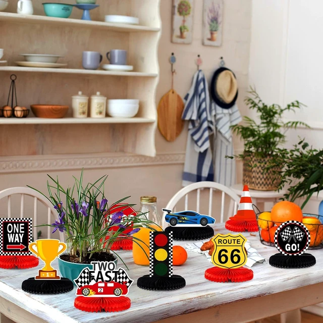 Alt view image 12 of 14 - LINGTEER Race Car Two Fast Birthday Table Honeycomb Centerpieces - 9Pcs Let's Go Racing Happy 2nd Birthday Party Table Decorations Sign.