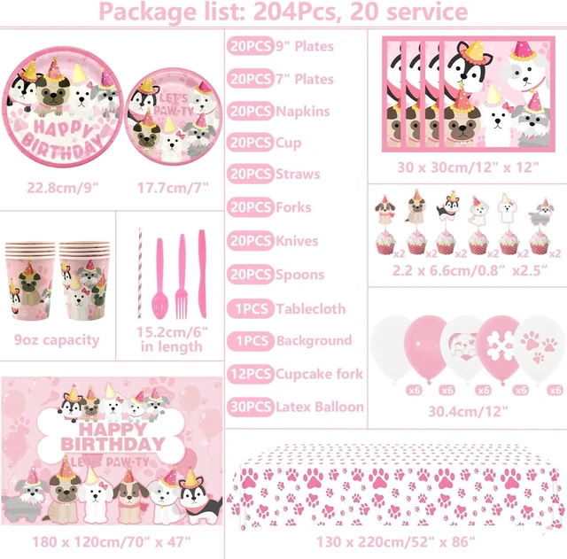 Alt view image 9 of 14 - KEFAN Dog Party Supplies, Pink Dog Paw Birthday Tableware Party Decorations including Pink Dog Plates, Cups, Napkins, Tablecloth, Lets Party HAPPY BIRTHDAY Banner Backdrop, Balloons - Serves 20