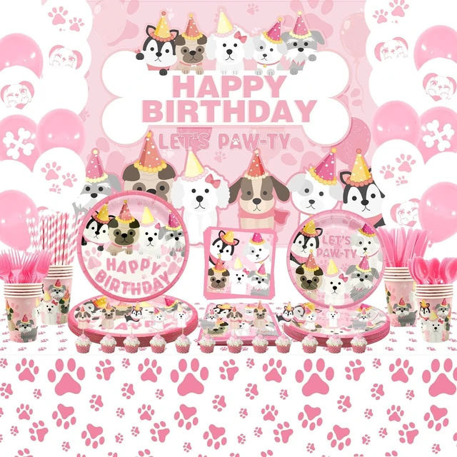 Alt view image 8 of 14 - KEFAN Dog Party Supplies, Pink Dog Paw Birthday Tableware Party Decorations including Pink Dog Plates, Cups, Napkins, Tablecloth, Lets Party HAPPY BIRTHDAY Banner Backdrop, Balloons - Serves 20