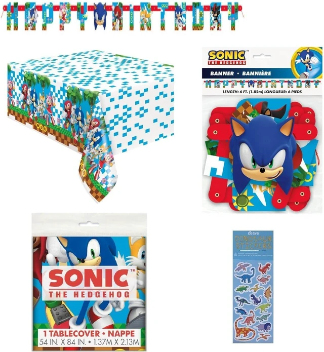 Alt view image 3 of 4 - Sonic Birthday Party Supplies Bundle includes 1 Happy Birthday Banner 6.25ft Long, 1 Plastic Table Cover 54" x 84", 1 Dinosaur Sticker Sheet