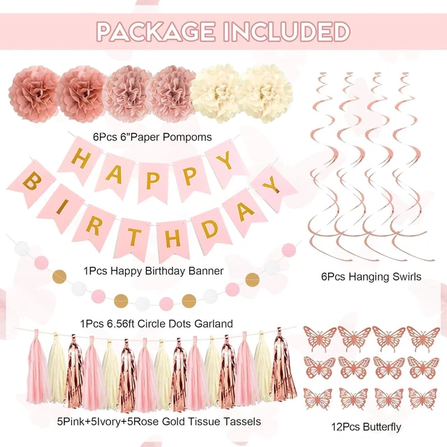 Alt view image 9 of 14 - Pink Birthday Party Decorations, Dusty Pink Sand Confetti Rose Gold Balloons Happy Birthday Banner Fringe Curtains Butterfly Hanging Swirls Circle Dots Tassels Pompoms for Women Girls Party Supplies