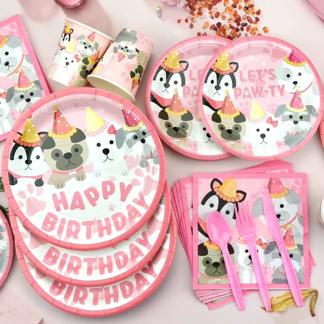 Alt view image 10 of 14 - KEFAN Dog Party Supplies, Pink Dog Paw Birthday Tableware Party Decorations including Pink Dog Plates, Cups, Napkins, Tablecloth, Lets Party HAPPY BIRTHDAY Banner Backdrop, Balloons - Serves 20