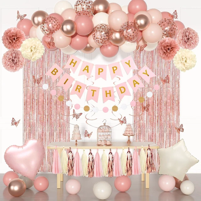 Alt view image 8 of 14 - Pink Birthday Party Decorations, Dusty Pink Sand Confetti Rose Gold Balloons Happy Birthday Banner Fringe Curtains Butterfly Hanging Swirls Circle Dots Tassels Pompoms for Women Girls Party Supplies