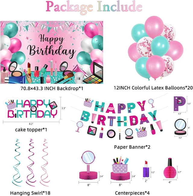 Alt view image 9 of 14 - Roetyce Makeup Birthday Party Decorations - 46PCS Kit, Pink Spa Themed Birthday Supplies With Banner, Balloons, Cake Topper