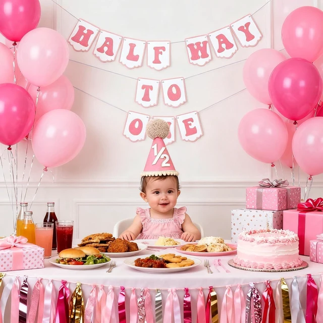 Alt view image 12 of 14 - 1/2 Birthday Girl Half Birthday Decorations - Half Way To One Banner, 1/2 Birthday Candles and Half Birthday Cone Hat for Girls 6 Months Birthday Decorations Party SuppliesPink
