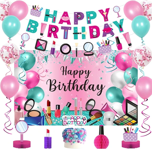 Alt view image 8 of 14 - Roetyce Makeup Birthday Party Decorations - 46PCS Kit, Pink Spa Themed Birthday Supplies With Banner, Balloons, Cake Topper