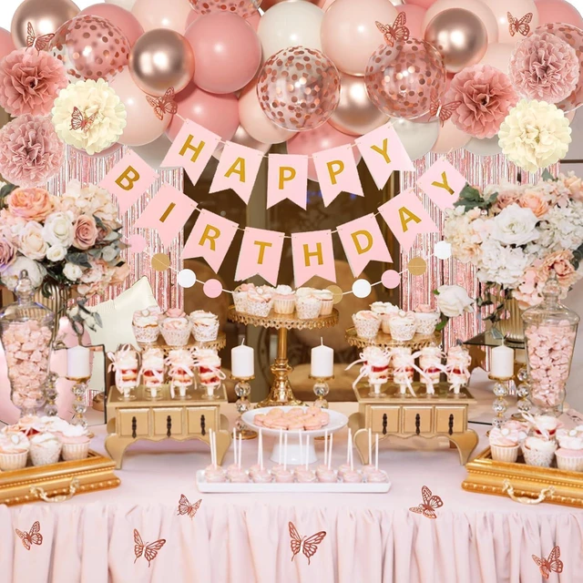 Alt view image 14 of 14 - Pink Birthday Party Decorations, Dusty Pink Sand Confetti Rose Gold Balloons Happy Birthday Banner Fringe Curtains Butterfly Hanging Swirls Circle Dots Tassels Pompoms for Women Girls Party Supplies