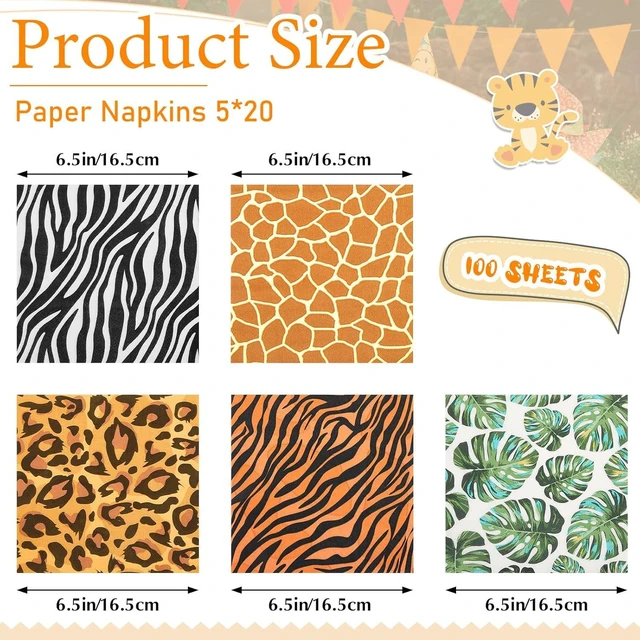 Alt view image 9 of 14 - 100 Pieces Jungle Safari Animal Print Party Disposable Animal Napkins Safari Napkins for Baby Shower Birthday Party, 5 Styles