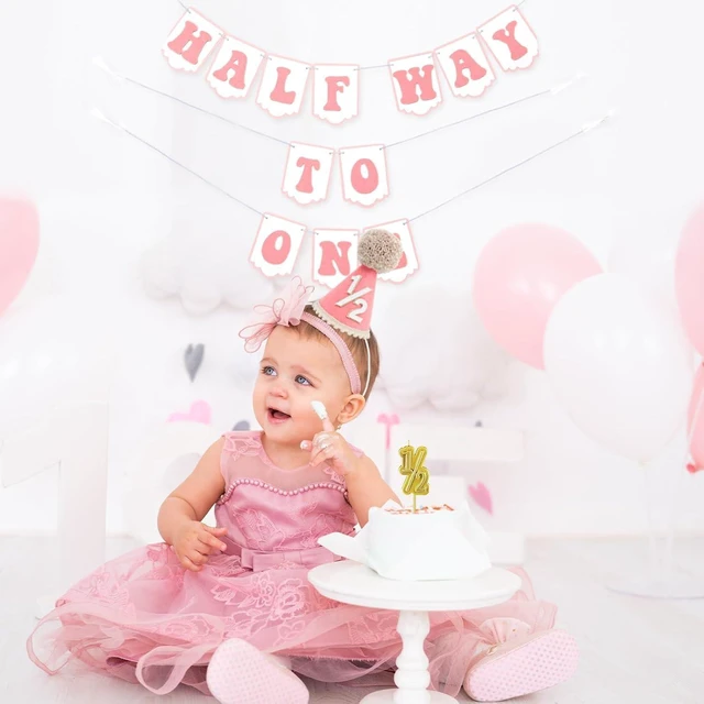 Alt view image 13 of 14 - 1/2 Birthday Girl Half Birthday Decorations - Half Way To One Banner, 1/2 Birthday Candles and Half Birthday Cone Hat for Girls 6 Months Birthday Decorations Party SuppliesPink