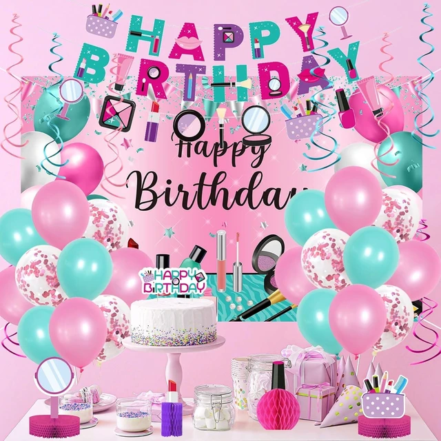 Alt view image 13 of 14 - Roetyce Makeup Birthday Party Decorations - 46PCS Kit, Pink Spa Themed Birthday Supplies With Banner, Balloons, Cake Topper